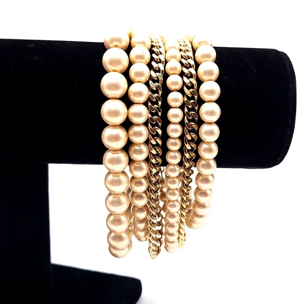 Givenchy Gold Tone Curb Chain Faux Pearl Multi Strand Bracelet 7.5in